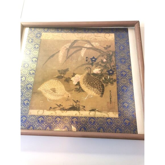 Tosa Mitsuoki Framed Woodblock Print Quail &Flowers Japan DAMAGED FRAME DISCOUNT - Picture 7 of 9